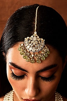 Gold Finish Kundan Polki & Mint Beaded Maang Tikka In Sterling Silver