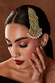 Gold Finish Kundan Polki & Mint Beaded Pasa