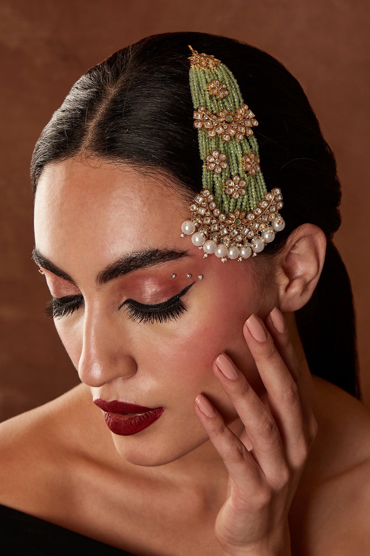 Gold Finish Kundan Polki & Mint Beaded Pasa