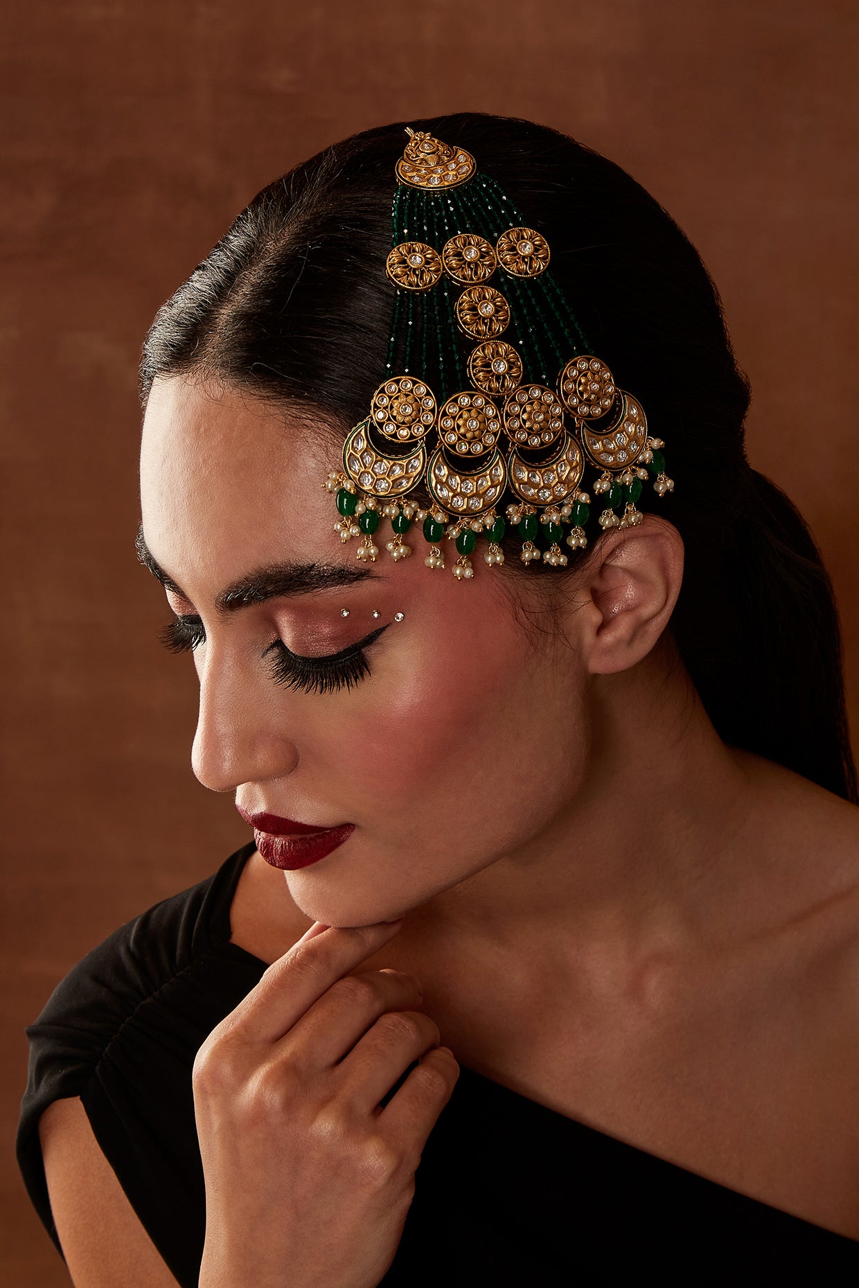 Gold Finish Kundan Polki & Green Beaded Vartik Pasa