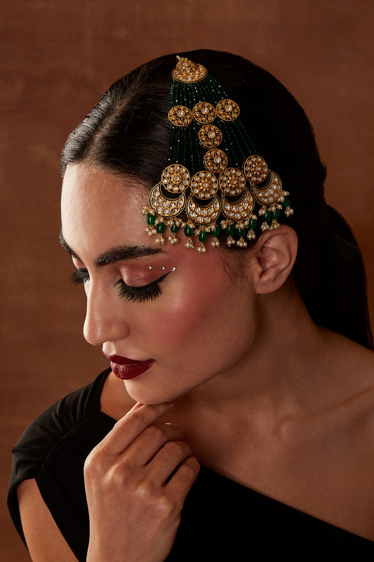 Gold Finish Kundan Polki & Green Beaded Vartik Pasa