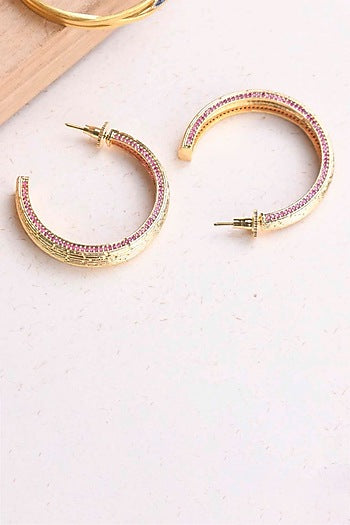 Gold Plated Ruby Synthetic Stone Hoop Earrings