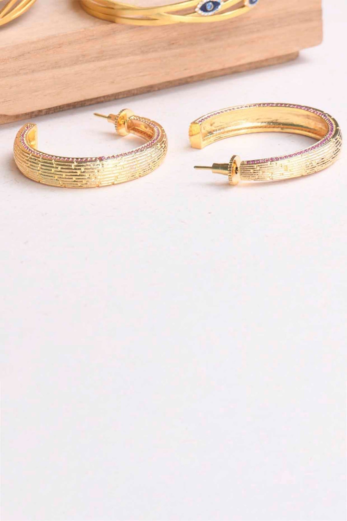 Gold Plated Ruby Synthetic Stone Hoop Earrings