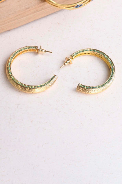 Gold Plated Emerald Synthetic Stone Hoop Earrings