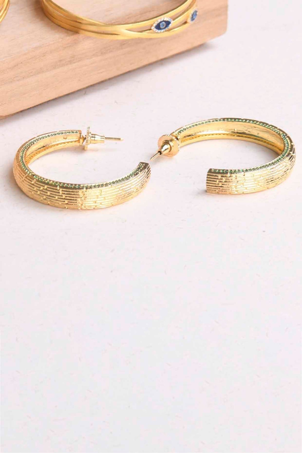 Gold Plated Emerald Synthetic Stone Hoop Earrings
