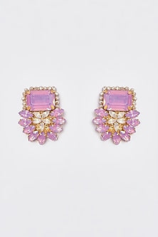 White Finish Purple Stone & Crystal Button Earrings