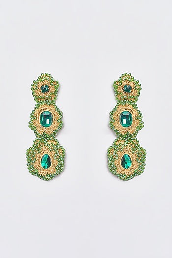 White Finish Green Stone & Crystal Dangler Earrings