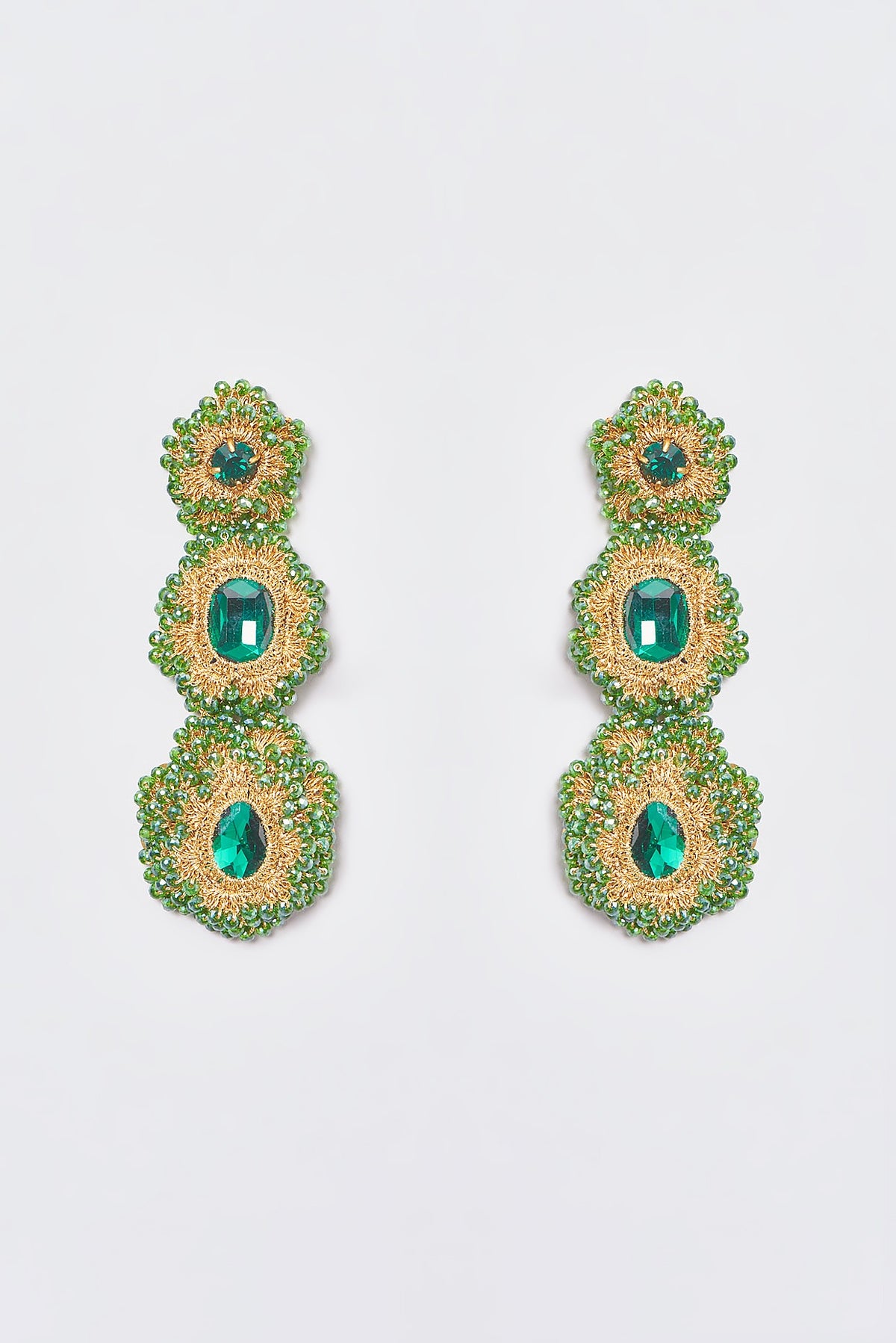 White Finish Green Stone & Crystal Dangler Earrings