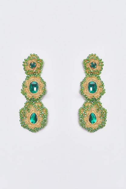 White Finish Green Stone & Crystal Dangler Earrings