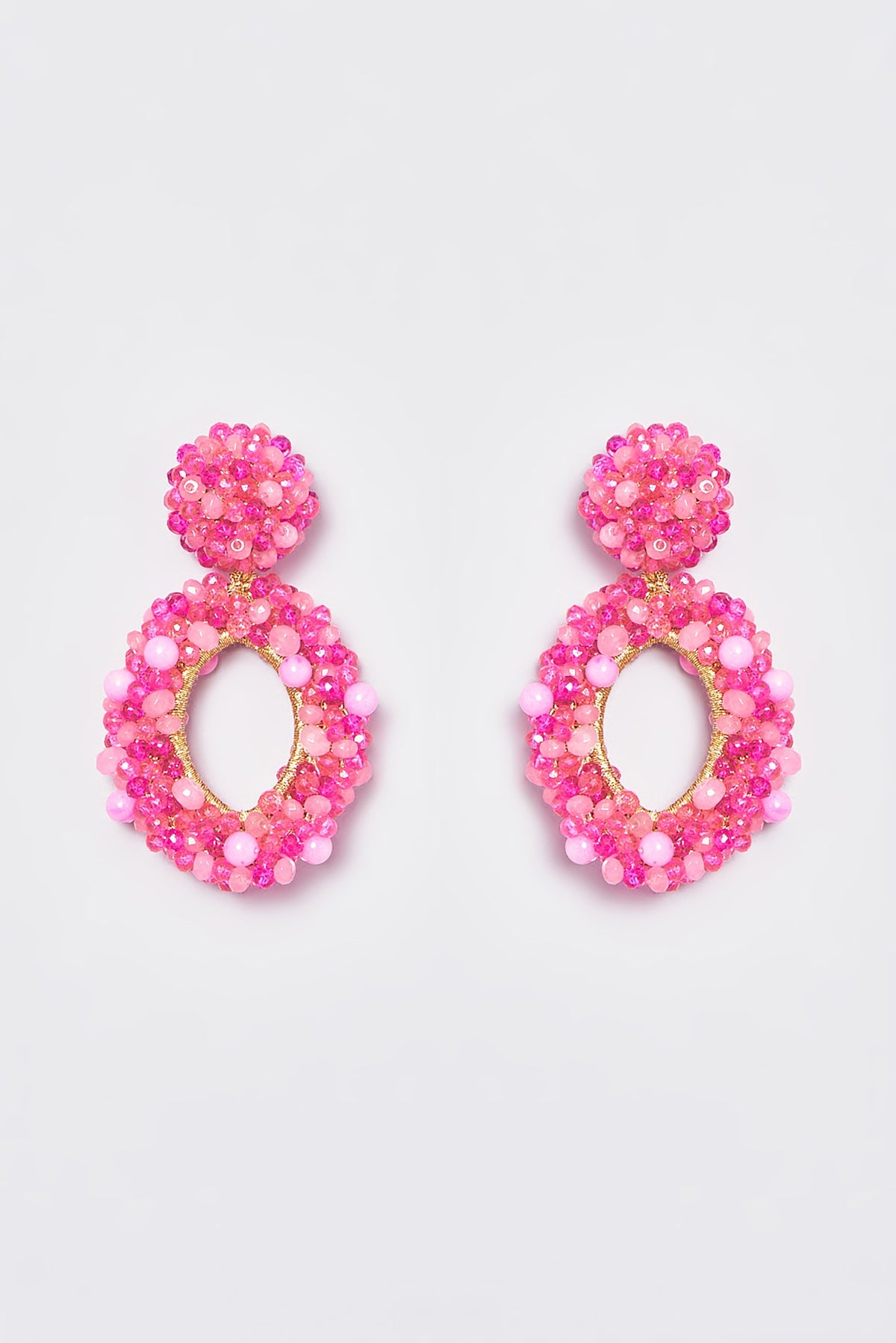 White Finish Pink Encrusted Beaded Dangler Earrings