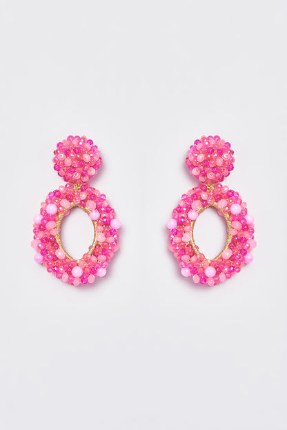 White Finish Pink Encrusted Beaded Dangler Earrings