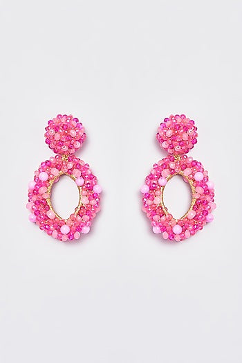 White Finish Pink Encrusted Beaded Dangler Earrings