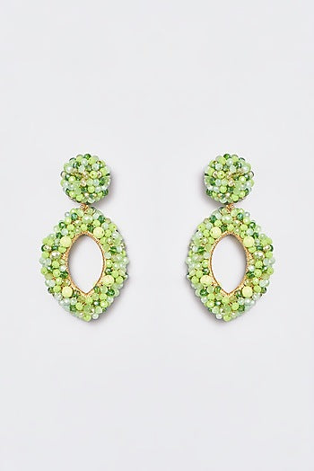 White Finish Green Encrusted Beaded Dangler Earrings