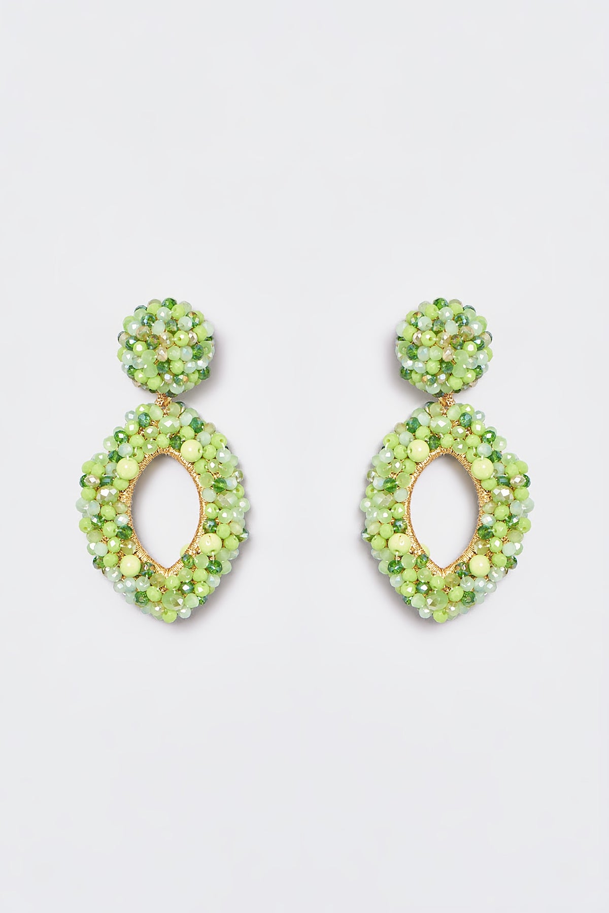 White Finish Green Encrusted Beaded Dangler Earrings