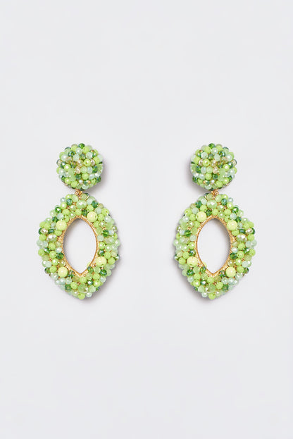White Finish Green Encrusted Beaded Dangler Earrings