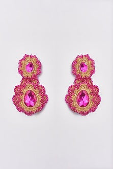 White Finish Pink Crochet Dangler Earrings