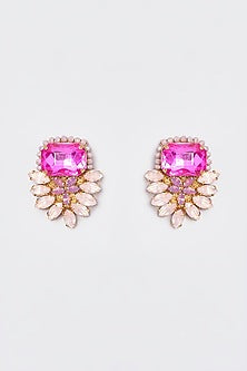 White Finish Pink Stone & Crystal Button Earrings