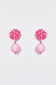 White Finish Pink Bead & Agate Dangler Earrings