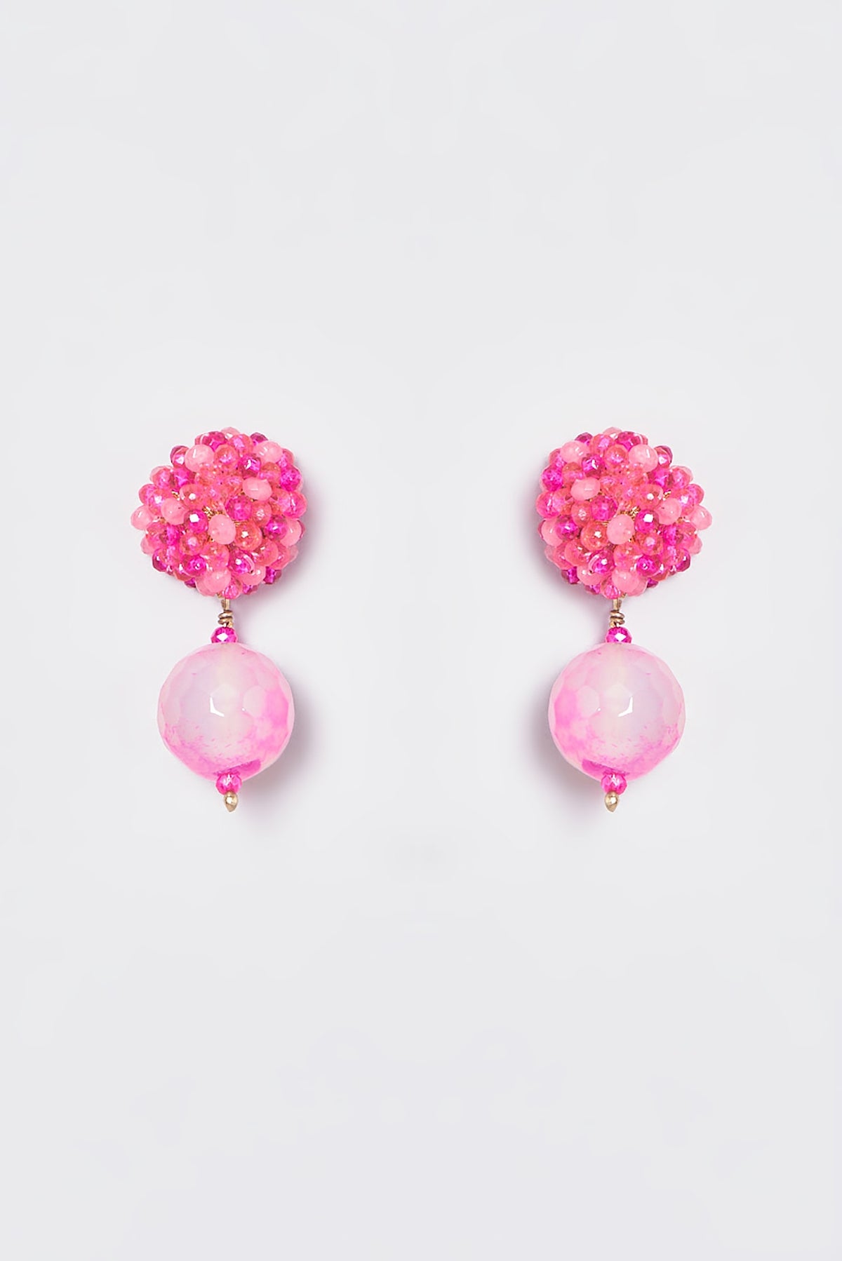 White Finish Pink Bead & Agate Dangler Earrings