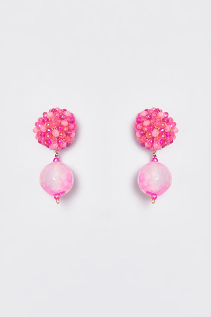 White Finish Pink Bead & Agate Dangler Earrings
