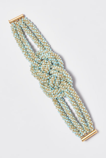 Gold Finish Blue Crystal & Zari Knotted Bracelet