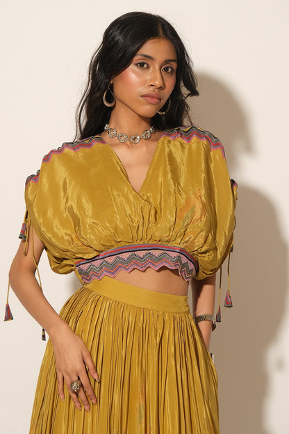 Mustard Viscose Crepe Drawstring Top