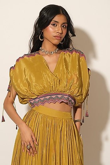 Mustard Viscose Crepe Drawstring Top