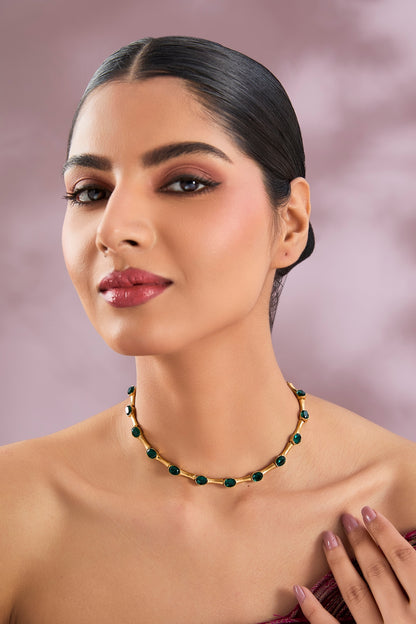 Gold Finish Green Stone Necklace