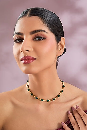 Gold Finish Green Stone Necklace