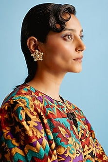 Gold Finish Swarovski Crystal & Pearl Honey Suckle Floral Stud Earrings
