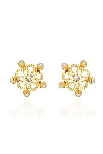 White Rhodium Finish Swarovski Crystal & Pearl Stud Earrings