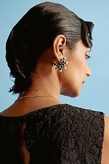 Black Rhodium Finish Blue Swarovski & Pearl Stud Earrings