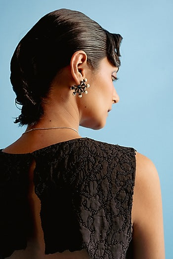 White Rhodium Finish Gunmetal Swarovski Pearl Hoop Earrings