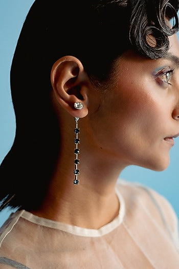 White Rhodium Finish Blue & Silver Swarovski Dangler Earrings
