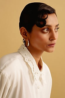 White Finish Black Swarovski Stone Hoop Earrings