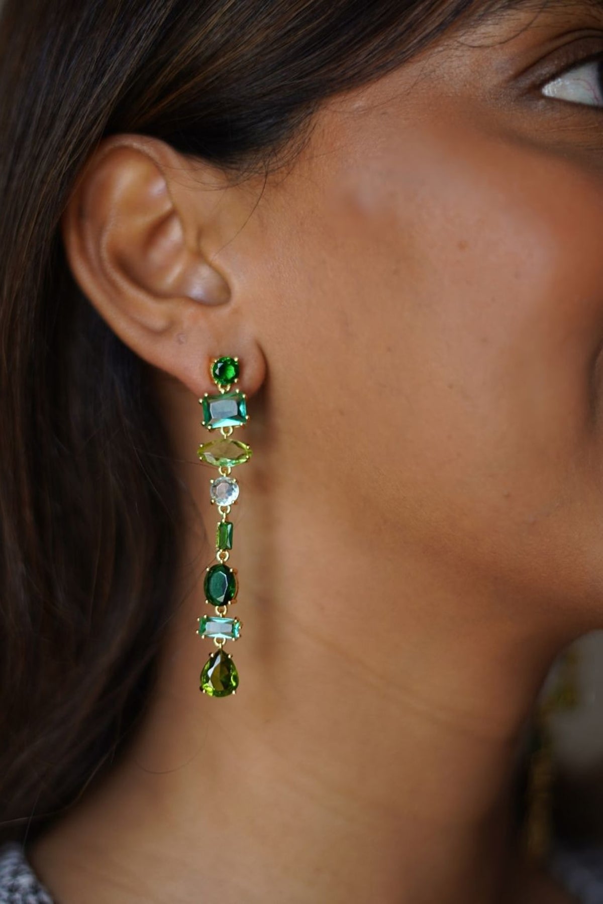 Gold Plated Green Swarovski Detachable Dangler Earrings