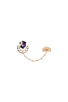 Gold Finish Swarovski Crystals Double Finger Ring