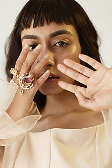 Gold Finish Red Swarovski Crystals Double Finger Ring