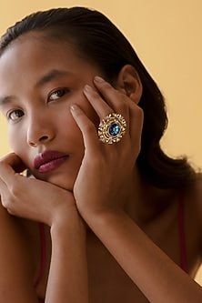 Gold Finish Blue Swarovski Crystal Ring