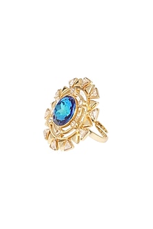 Gold Finish Blue Swarovski Crystal Ring