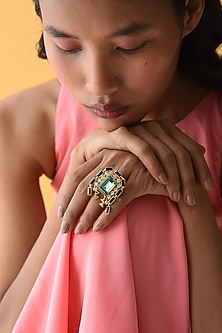 Gold Finish Green Swarovski Crystal Ring