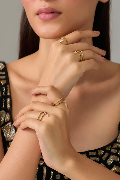 Gold Plated Pear-Cut Swarovski Crystal Rings (Set Of 7)