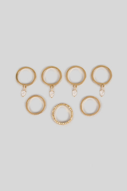Gold Plated Pear-Cut Swarovski Crystal Rings (Set Of 7)