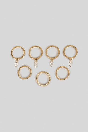 Gold Plated Pear-Cut Swarovski Crystal Rings (Set Of 7)