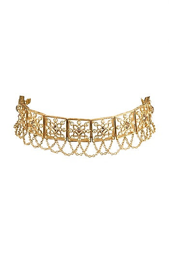 Gold Finish Choker Necklace With Chain Hangings