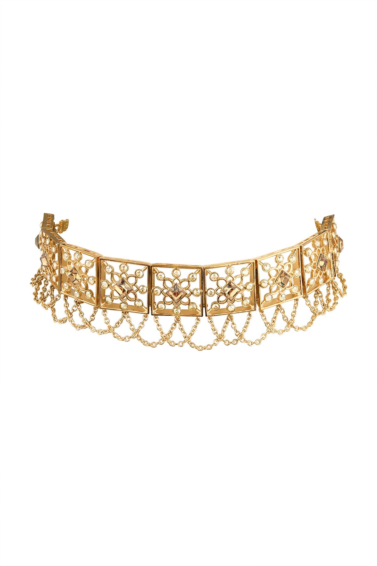 Gold Finish Choker Necklace With Chain Hangings