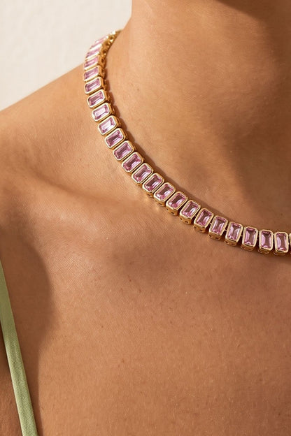 Gold Plated Pink Austrian Crystal Tennis Necklace
