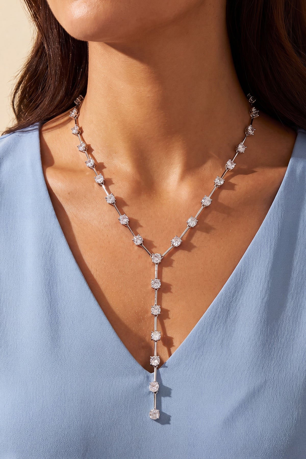 Silver Finish Austrian Crystal Lariat Necklace