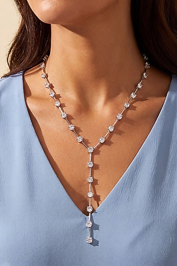 Silver Finish Austrian Crystal Lariat Necklace
