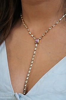Gold Plated Pink & White Austrian Crystal Lariat Necklace
